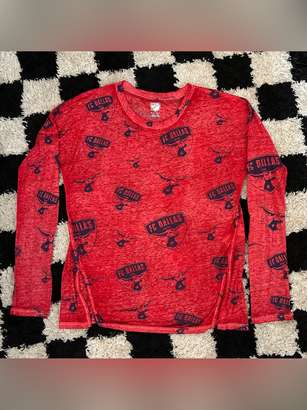 FC Dallas Women's Shirt XL Red All Over Print MLS Soccer Long Sleeve Soft Thin